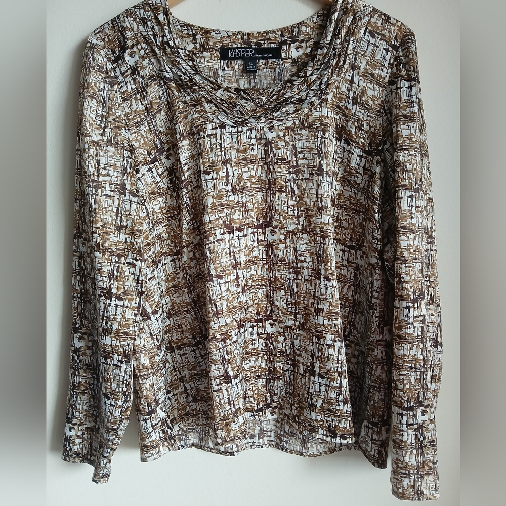 Kasper Sportswear Satin Brown cream Blouse Size XL